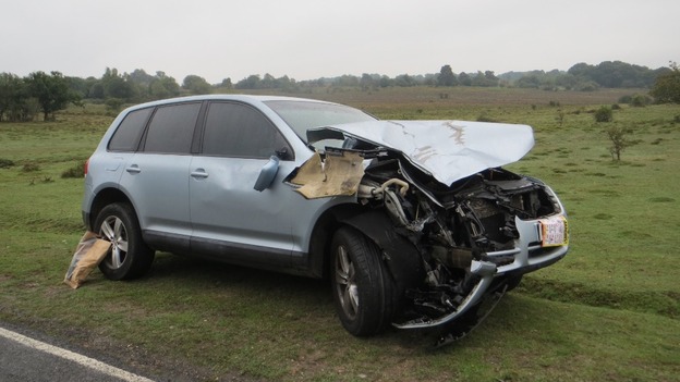 The front of this car is obliterated. 