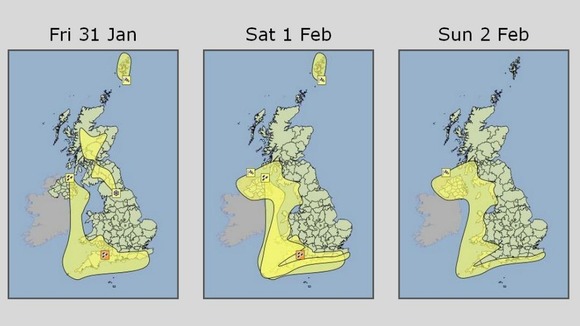 Rain and wind warnings issued by the Met Office for the next three days