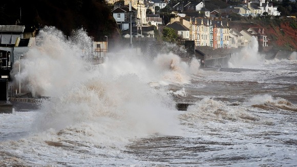 Waves break across the length of the sea wall in Dawlish earlier this week, more is on the way.