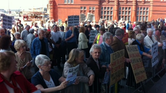 Protesters outside the Senedd