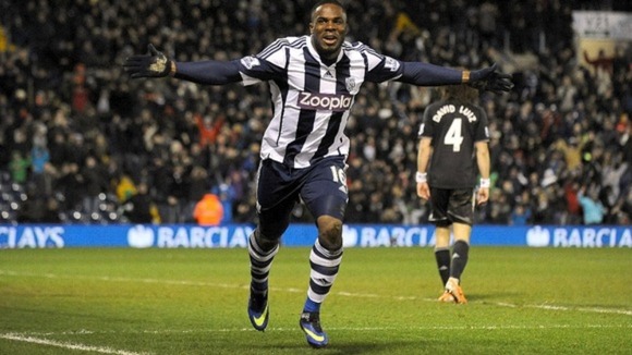 West Brom striker Victor Anichebe celebrates his late equaliser