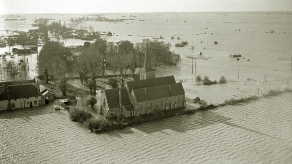 A church is surrounded by flood water in the area of Foulness in the Thames Estuary.