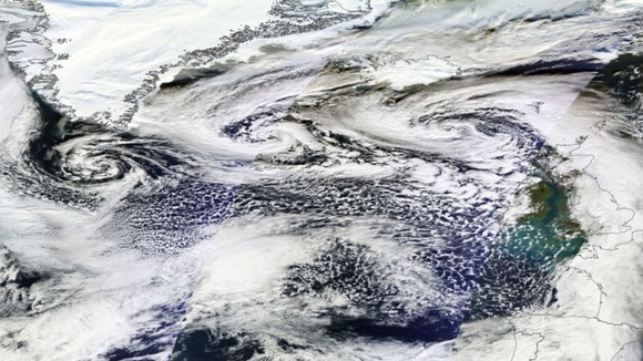 Yesterday three swirling weather systems could be seen heading to the UK across the Atlantic.