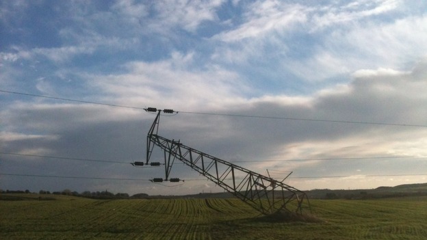 Electricity pylon bears the brunt of strong winds in Houghton-le-Spring.