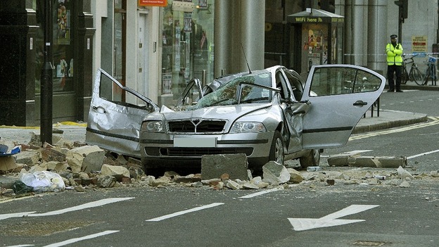 The car was crushed when the masonry fell last night.