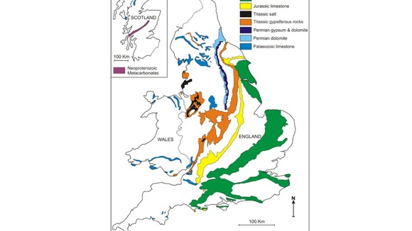 Areas of limestone that are likely to see sinkholes.