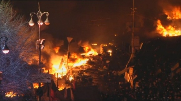 The tens of anti-government protesters in Kiev's Independence Square are on fire.