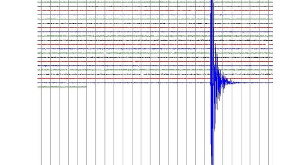Real-time Seismogram data from a survey station in North Devon showing a large seismic activity at 1.21pm