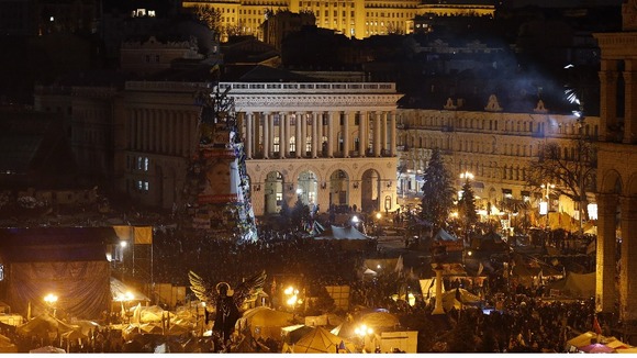 The scene tonight at Kiev's central Independence Square, where protesters have gathered.