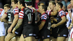 Wigan Warriors celebrate a try