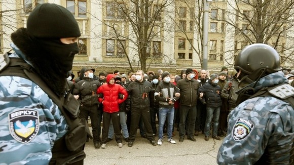 Supporters attend a pro-Yanukovich rally in the eastern Ukraine city of Donetsk.
