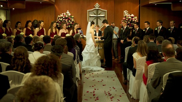 Louisa Hodkin and Alessandro Calcioli tie the knot at the Church of Scientology chapel in London.