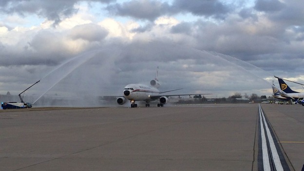 Water jets herald the landing of the last ever DC-10 passenger journey