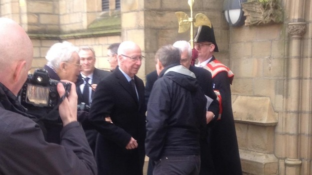 Former England and Manchester United star Sir Bobby Charlton, centre, arrives at Preston Minister