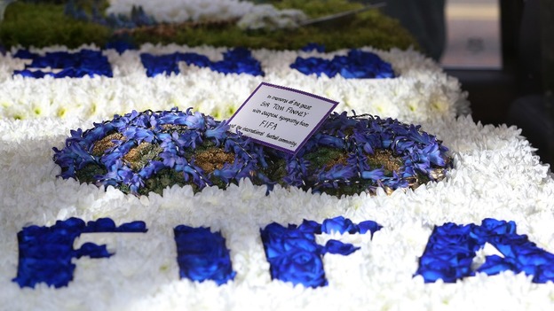 A floral tribute from FIFA at the service in Preston
