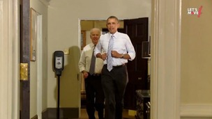Barack Obama and Joe Biden run through the corridors of the famous West Wing in the new video
