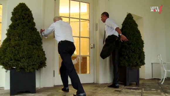 The president and his right-hand man warm down after their run