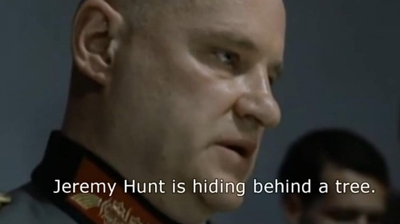A still from the YouTube clip shows one of Hitler's aides in the film saying "Jeremy Hunt is hiding behind a tree"