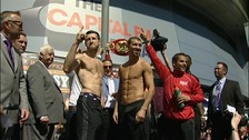 Carl Froch and Lucian Bute at the weigh in