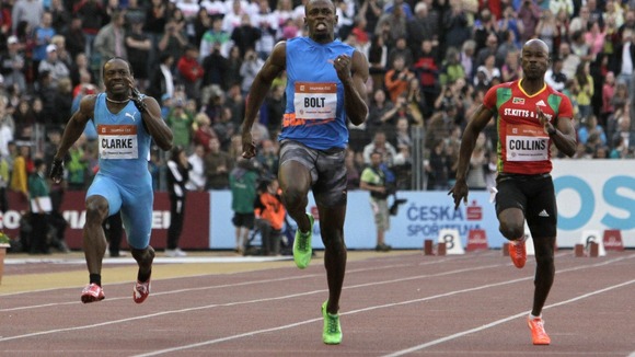 Usain Bolt competes in the 100 meters men's race in Ostrava. Dwain Chambers finished fifth.