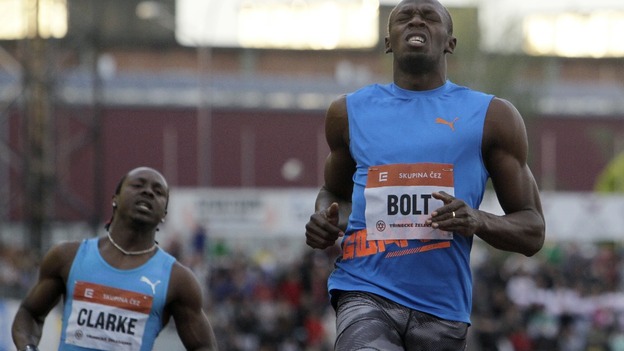 Usain Bolt reacts moments after victory in the Czech Republic