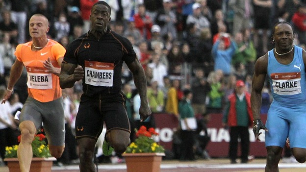 Dwain Chambers power towards the finish line at the IAAF World Challenge
