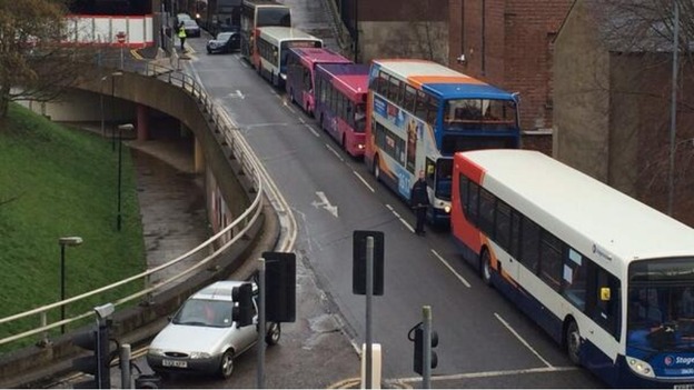 Buses queued for hours.