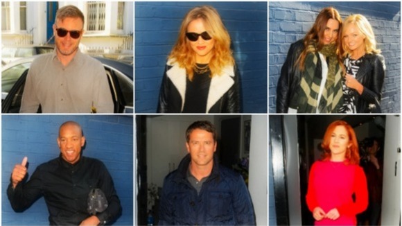 lockwise from left: Gary Barlow, Kimberley Walsh, Mel C & Emma Bunton, Katy B, Michael Owen and Dion Dublin in London today.