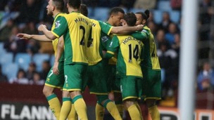 Wes Hoolahan is embraced by his teammates after scoring against Aston Villa.