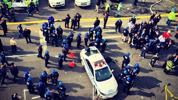 Fire and police services at the scene of the explosion