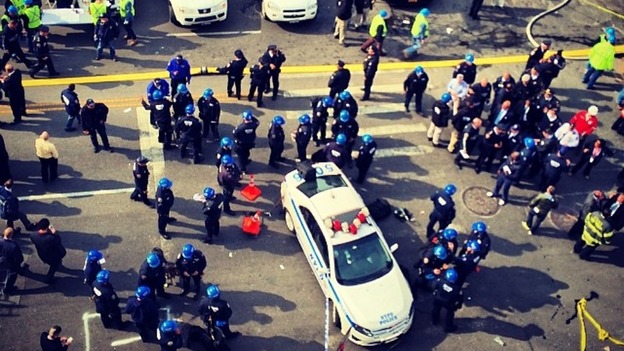 Fire and police services at the scene of the explosion