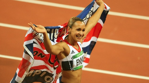 The then-Jessica Ennis celebrates her gold medal win at the London 2012 Olympic Games.