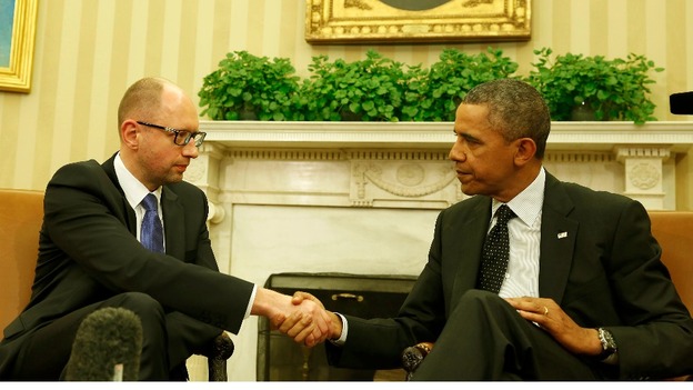 Ukrainian Prime Minister Arseniy Yatsenyuk and US President Barack Obama in the Oval Office.