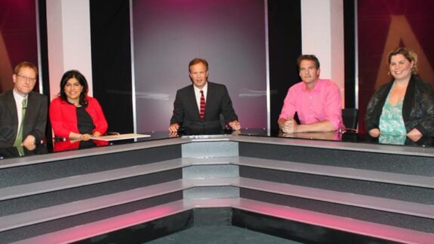 Tom Bradby with tonight's panellists on The Agenda.