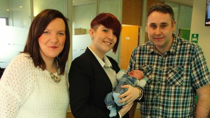 Hilary Crump (left) and her partner Karl Ford (right) meet NHS operator Christina Lees (centre)