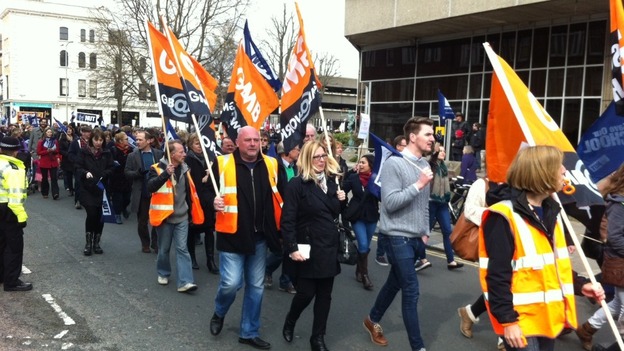 Striking teachers and supporters marching in Brighton