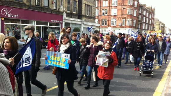 Striking teachers and supporters marching in Brighton