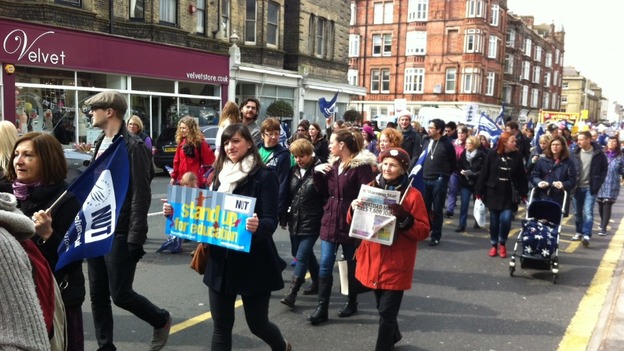 Striking teachers and supporters marching in Brighton