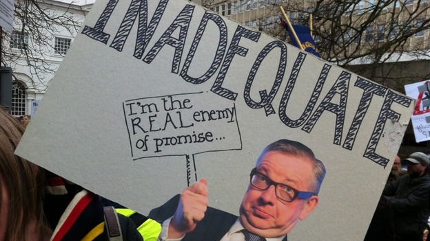 A protestor's placard, labelling Education Secretary Michael Gove "inadequate"
