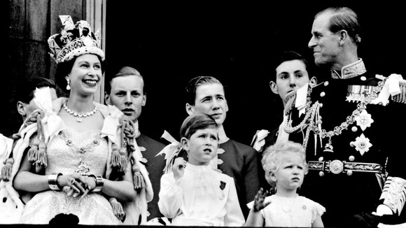 Queen Elizabeth II and the Duke of Edinburgh with members of the Royal Family on the balcony at Buckingham Palace after her Coronation