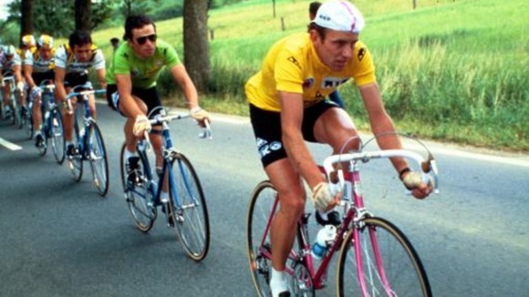 Joop Zoetemelk (right) leads from Bernard Hinault (left)