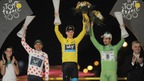 Chris Froome in the Yellow Jersey with Best Climber Nairo Alexander Quintana (left) and Best Sprinter Peter Sagan (right)