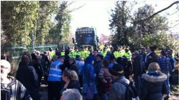 Anti-fracking protesters in standoff with police at Barton Moss.