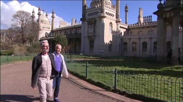 Fiances Andrew Wale and Neil Allard outside Brighton Pavilion