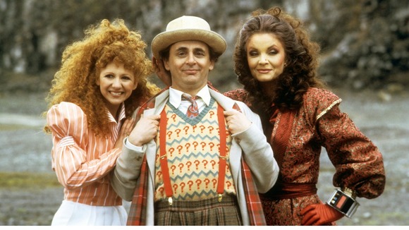 Kate O'Mara (right) with Bonnie Langford and Sylvester McCoy on the Doctor Who set.