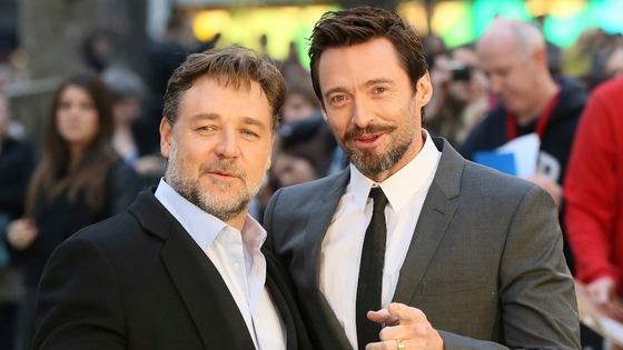 Russell Crowe and Hugh Jackman at London's Leicester Square.