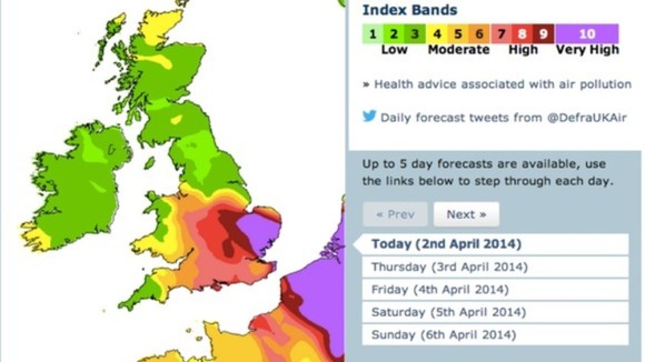 The pollution forecast for Wednesday is very high for large parts of the East.