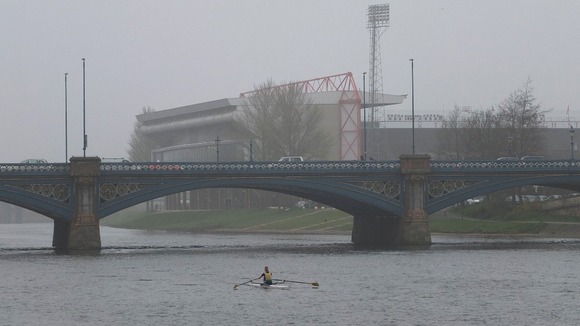 The River Trent in Nottingham surrounded by smog as record levels of air pollution hit parts of the UK.