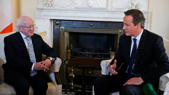Irish President Michael D Higgins speaks with Prime Minister David Cameron in Number 10.