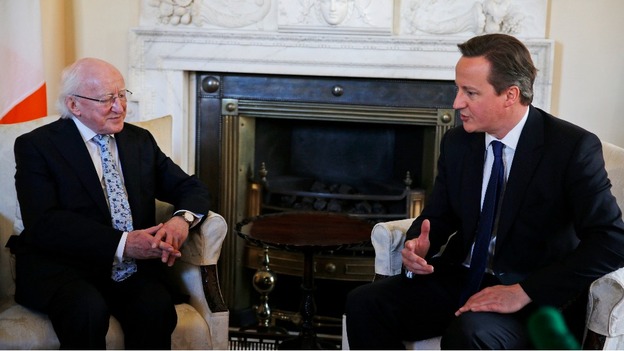 Irish President Michael D Higgins speaks with Prime Minister David Cameron in Number 10.